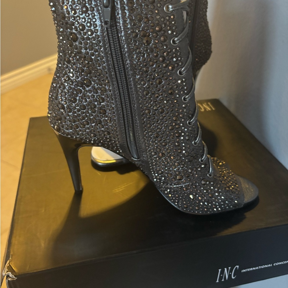 INC International Concepts Silver Heeled Boots with Rhinestones